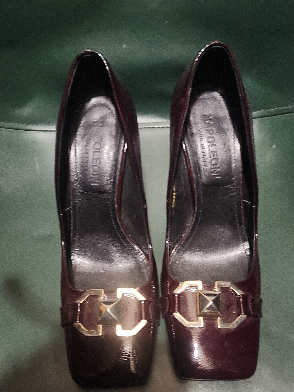 Napoleoni Women's Burgundy Patent Leather Heels with Gold Accent